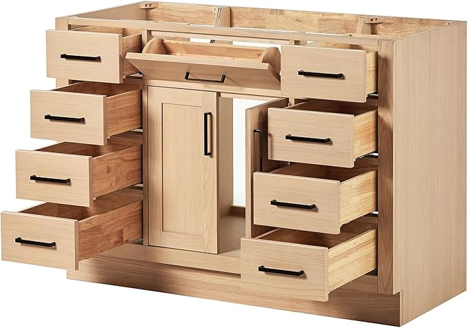 ARIEL Hepburn 48-inch Bathroom Vanity Base Cabinet,Solid Wood, 2 Soft Closing Doors, 9 Dovetail Drawers, White Oak