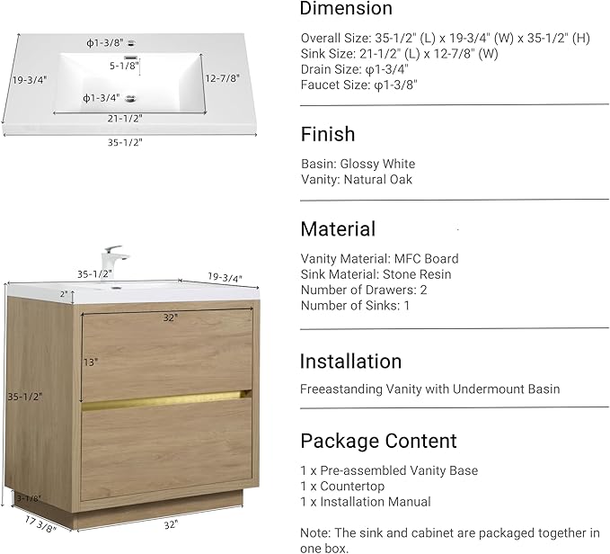 36 Inch Bathroom Vanity with Sink, Single Sink Bathroom Vanity, Freestanding Vanity Bathroom Soft Closed 2 Drawers, Integrated Sink (Natural Oak)