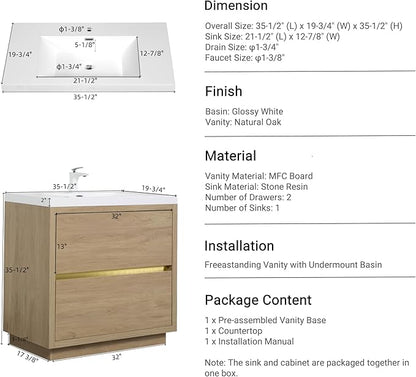 36 Inch Bathroom Vanity with Sink, Single Sink Bathroom Vanity, Freestanding Vanity Bathroom Soft Closed 2 Drawers, Integrated Sink (Natural Oak)