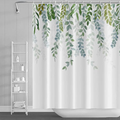 AWERT Plant Shower Curtain for Bathroom Sage Green Eucalyptus Waterproof Quick-Drying Green Leaves Shower Curtain Set with Hooks 60x72 Inch