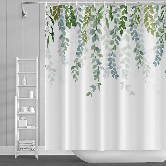 AWERT Plant Shower Curtain for Bathroom Sage Green Eucalyptus Waterproof Quick-Drying Green Leaves Shower Curtain Set with Hooks 72x78 Inch