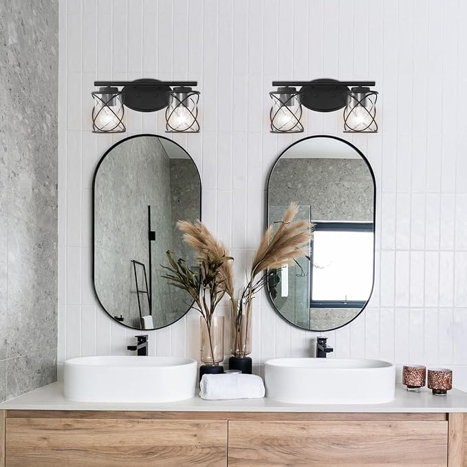 2-Lights Vanity Lights, Matte Black Farmhouse Wall Lights with Clear Glass Shade, Over Mirror Vanity Light, Kitchen Bedroom Bathroom Wall Lamp