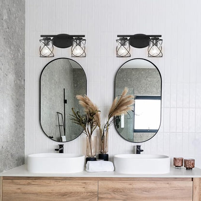 2-Lights Vanity Lights, Matte Black Farmhouse Wall Lights with Clear Glass Shade, Over Mirror Vanity Light, Kitchen Bedroom Bathroom Wall Lamp