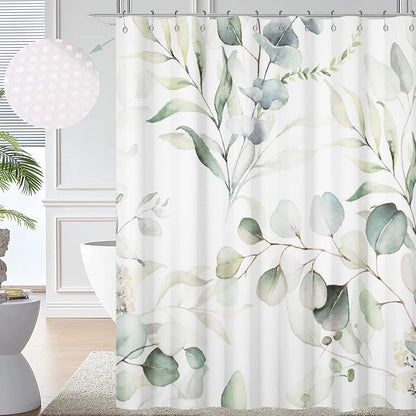 Eucalyptus Leaf Waffle Shower Curtains,Weighted Bottom Sage Green Spring Watercolor Botanical Plants Textured Fabric Bathroom Curtain Bathtub Waterproof Washable with Metal Hooks,72''Lx36''W
