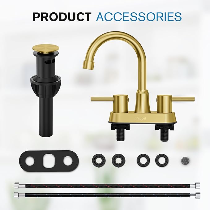 Gold Bathroom Faucet, Brushed Gold Bathroom Faucet, Gold Faucets for Bathroom Vanity, 4 Inch 2 Handle Centerset, Lead-Free, with Copper Pop Up Drain (Brushed Gold)