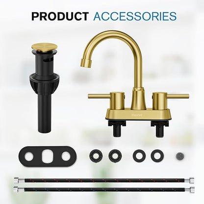 Gold Bathroom Faucet, Brushed Gold Bathroom Faucet, Gold Faucets for Bathroom Vanity, 4 Inch 2 Handle Centerset, Lead-Free, with Copper Pop Up Drain (Brushed Gold)