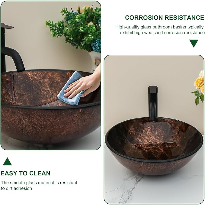 Sarlai Round Vessel Sink Tempered Glass Bathroom Vessel Sink with Faucet and Pop-up Drain Combo 16-1/2 x 16-1/2 Inch Brown Countertop Bathroom Sink Basin