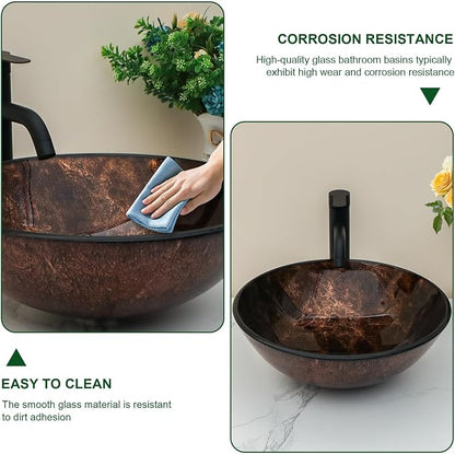 Sarlai Round Vessel Sink Tempered Glass Bathroom Vessel Sink with Faucet and Pop-up Drain Combo 16-1/2 x 16-1/2 Inch Brown Countertop Bathroom Sink Basin