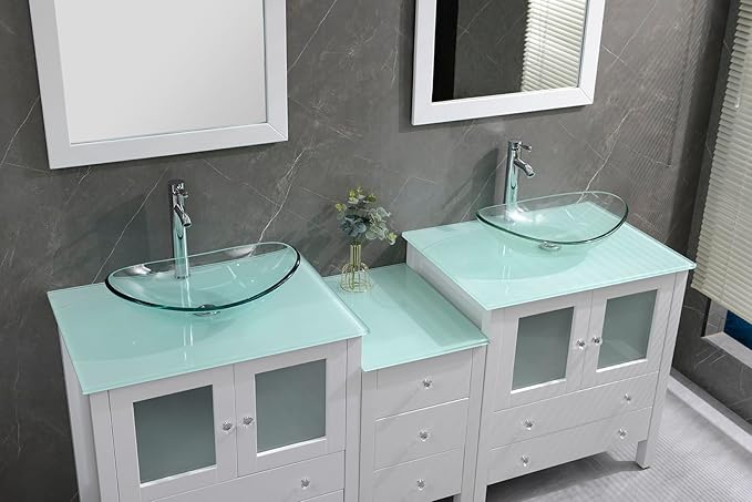 76" Freestanding Wooden Modern Bathroom Vanity with Double Vessel Sink Set Bathroom Mirror Included (Clear Sink White)