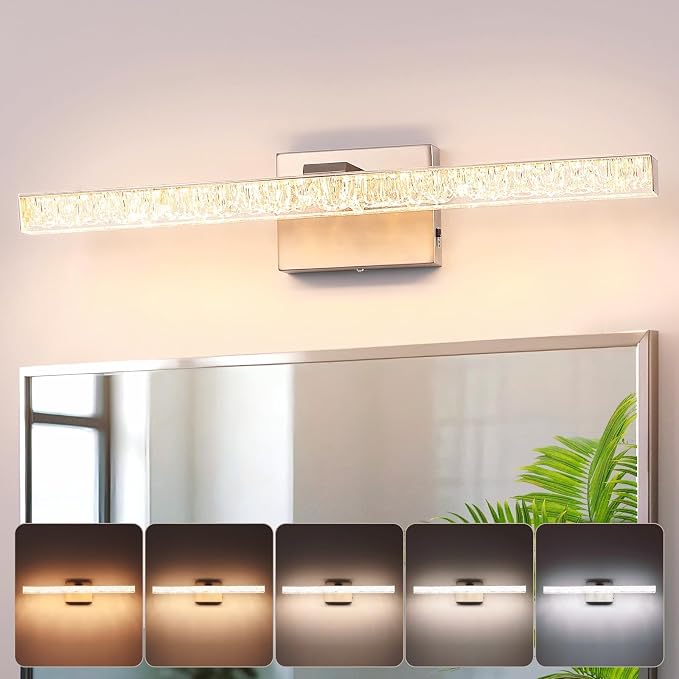 24 Inch LED Vanity Lights for Bathroom, 5CCT Selectable Brushed Nickel Bathroom Light Fixtures Over Mirror, Iceberg Crackle Acrylic Modern Wall Sconce, Dimmable Slim Bar for Mirror Cabinet