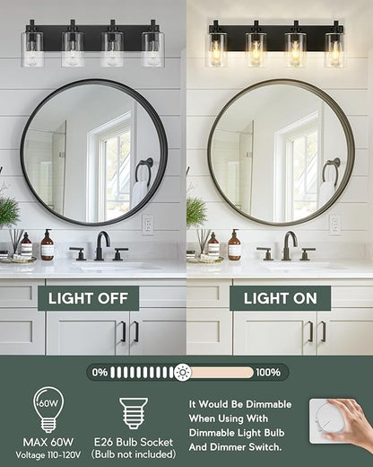 4-Light Bathroom Light Fixtures, Black Vanity Light with Cylinder Clear Glass Shade, Modern Vanity Lighting Fixtures Over Mirror, VL143-MB-4