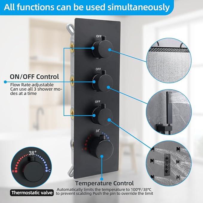Matte Black Shower System 16 Inches Ceiling Mount Full Body Shower Faucet Set Brass Thermostatic Massage Shower with On/Off Body Jets and Handheld Can Run All At Once