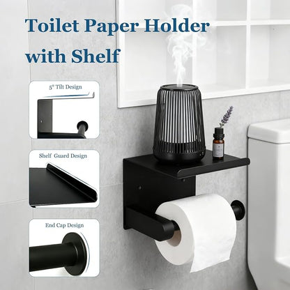 4-Pieces Wall Mount Bathroom Hardware Set,23.6 Inch Towel Bar,Matte Black | Stainless Steel Bathroom Accessories Set,Waterproof Towel Bar ,Toilet Paper Holder with Shelf,Towel Ring,Coat Hook,Rectangle