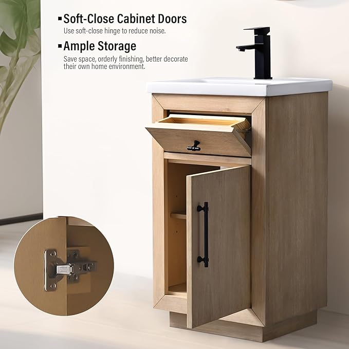 Vanity Art 20 inch Small Bathroom Vanity with Sink, Vanity Cabinet with Doors and Removable Shelf, Modern Wood Cabinet with Marble Top, Solid Wood Frame, Ceramic Sink,VA70-20-LW-E