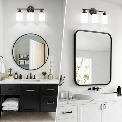 3-Light Bathroom Light Fixtures, Vanity Lights for Mirror with Textured Milky White Glass Shade, Modern Kitchen Light Fixtures Wall Sconce Light - E26 Base - Oil-Rubbed Bronze