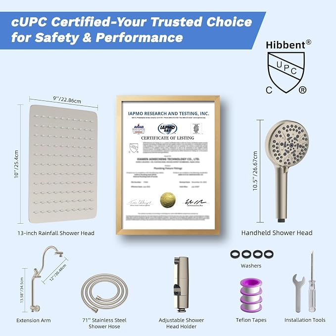 Hibbent High Pressue All Metal 10" Rainfall Shower Head, Handheld 10-Spray | cUPC Certified Brushed Nickel Dual Showerhead Combo, 4-way Diverter with Pause Mode, Brass Extension Arm, 71'' Hose & Holder
