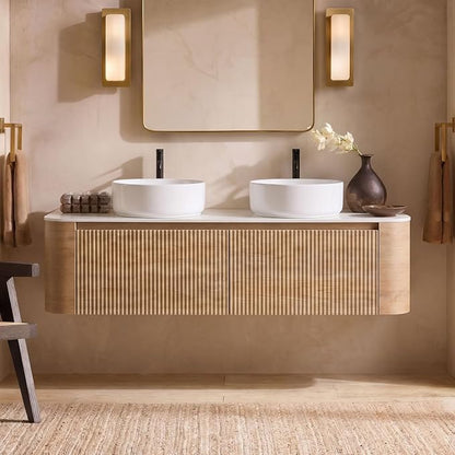 60" Preassembled Double Floating Bathroom Vanity with Round Sink, Oak | Mid-Century Modern Style, Fluted & Soft-Close Drawer with U-shaped Wall, Sinterted Stone Countertop, Towel Rack Included
