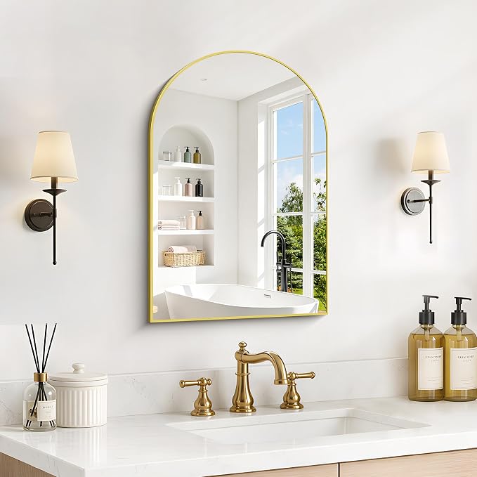 Arched Bathroom Mirror 16x24 Inch, Bathroom Mirror for Over Sink, Wall Mounted Vanity Mirror with Aluminum Frame & Tempered Glass, Ideal for Bedroom, Entryway, Living Room, Gold