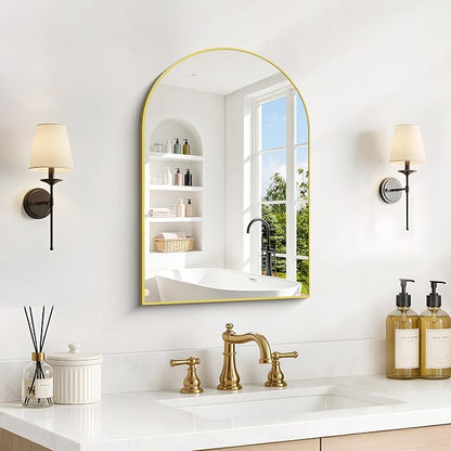 Arched Bathroom Mirror 16x24 Inch, Bathroom Mirror for Over Sink, Wall Mounted Vanity Mirror with Aluminum Frame & Tempered Glass, Ideal for Bedroom, Entryway, Living Room, Gold