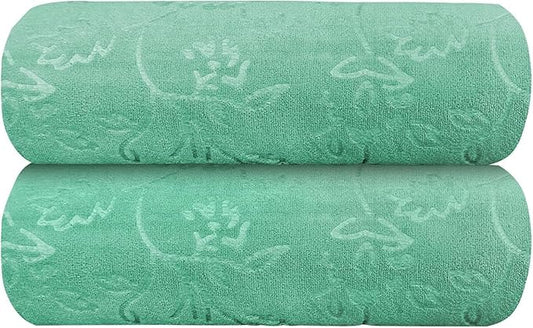 JML Large Bath Towels Set, 2 Pack, 30" x 60", Microfiber Body Towels for Adult, Oversized, Soft, Absorbent, Fast Drying for Shower Sauna Yoga Swimming Sport Fitness Gym Pool (Green-Floral Embossed)