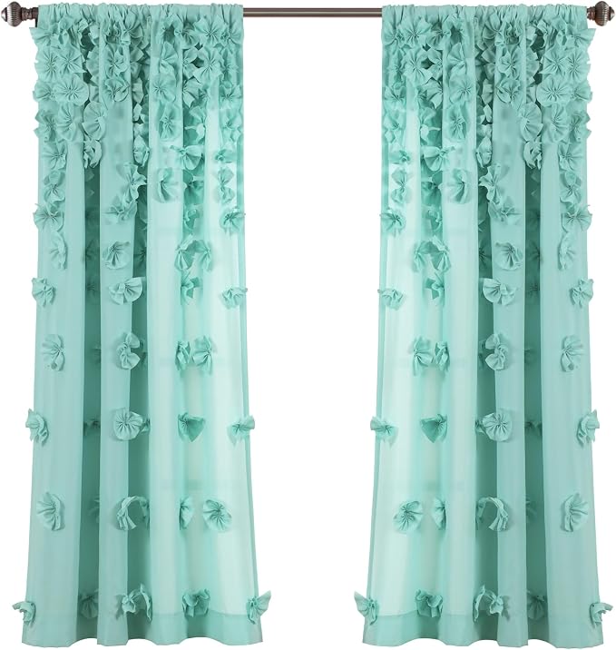 Lush Decor Riley Light Filtering Window Curtain Panel, Single 54" W x 63" L, Aqua - Cute Blue Curtains for Bedroom - Bow Decor - Coquette Curtains for Windows
