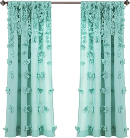 Lush Decor Riley Light Filtering Window Curtain Panel, Single 54" W x 63" L, Aqua - Cute Blue Curtains for Bedroom - Bow Decor - Coquette Curtains for Windows
