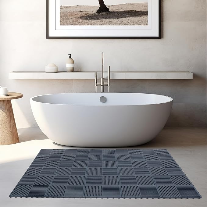 18 Pack Modular Interlocking Tiles Double Non-Slip 12"x12" Dark Gray | 0.4" Thick with Drain Holes for Pool Deck Shower Garage Basement Boat Pet Area Wet Floors Easy Install