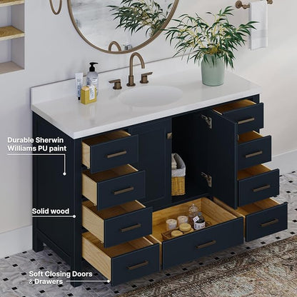 ARIEL Cambridge 54-inch Bathroom Vanity with Sink,Solid Wood, 1.5-inch Pure White Quartz Countertop & Backsplash, Single Oval Porcelain Sink, 2 Soft Closing Doors, 9 Dovetail Drawers, Midnight Blue