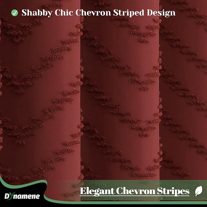 Dynamene 78 Inches Long Shower Curtain, Boho Tufted Chevron Striped Tall Cloth Shower Curtains for Bathroom Decor, Large Hotel Spa Luxury Shower Curtain Set with Hooks, Wrinkle Free, Burgundy, 72x78