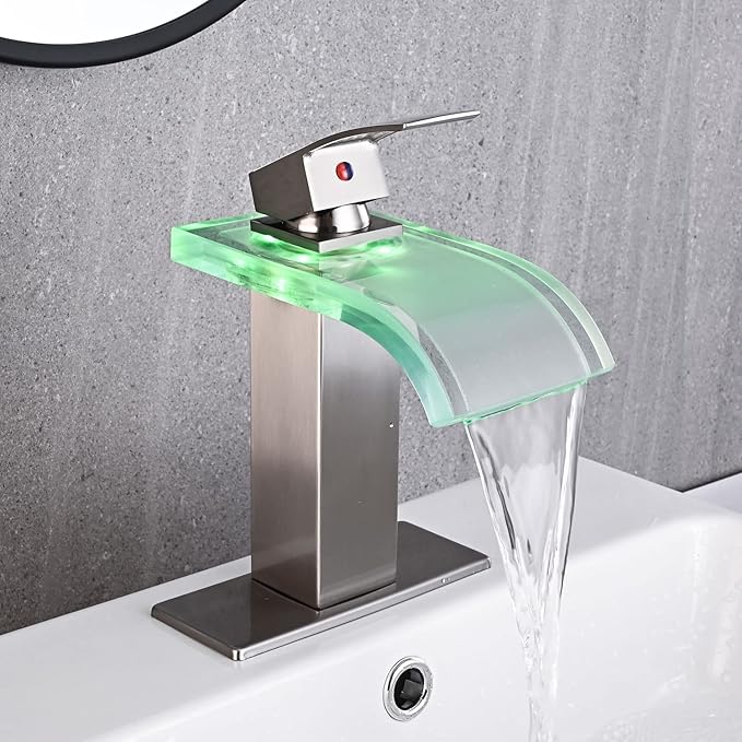 LED Bathroom Sink Faucet, Brushed Nickel Waterfall Single Hole Handle Vanity Faucets for Sinks 1 Hole with Metal Pop Up Drain and 2 Water Supply Lines, Wide Glass Spout