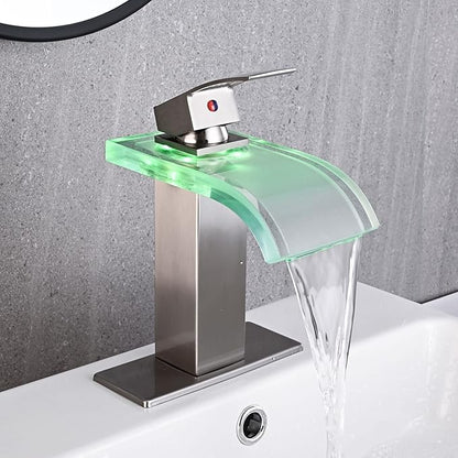 LED Bathroom Sink Faucet, Brushed Nickel Waterfall Single Hole Handle Vanity Faucets for Sinks 1 Hole with Metal Pop Up Drain and 2 Water Supply Lines, Wide Glass Spout