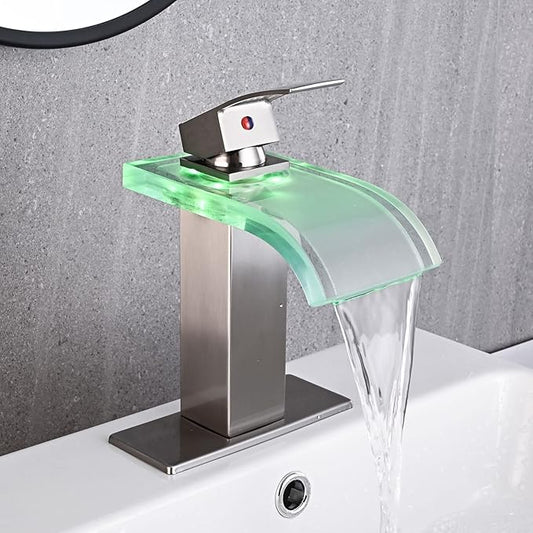 LED Bathroom Sink Faucet, Brushed Nickel Waterfall Single Hole Handle Vanity Faucets for Sinks 1 Hole with Metal Pop Up Drain and 2 Water Supply Lines, Wide Glass Spout