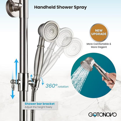 gotonovo Exposed Shower Faucet with Spout Brushed Nickel,Curved Pipe | Brass Bathroom Exposed Shower System,8’’ Rain Head,Swivel Tub Spout 2 Cross Handle,Adjustable Handheld Sprayer,Wall Mount