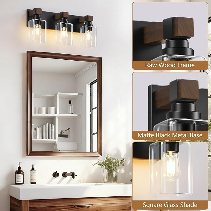 Farmhouse Black 3-Light Bathroom Vanity Light, Square Glass Shade | Vintage Rustic Design, Wood Grain Finish, Matte Black Metal, Wall Mount Over Mirror Lighting Fixtures for Bathroom Restroom