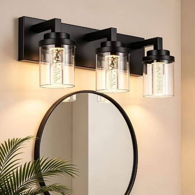 MELUCEE 3-Light LED Bathroom Light Fixtures Over Mirror 5 Color Temperature | Modern Bathroom Vanity Lights 5CCT Black Vanity Light with Bubble Crystal and Clear Glass Shade, Built-In LED Chips