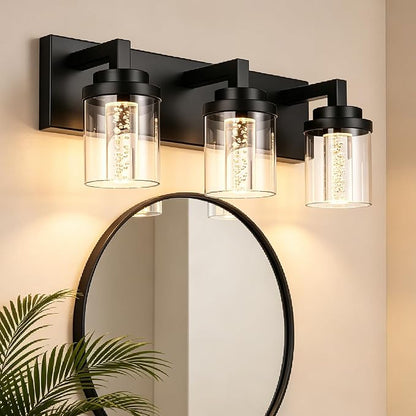 MELUCEE 3-Light LED Bathroom Light Fixtures Over Mirror 5 Color Temperature | Modern Bathroom Vanity Lights 5CCT Black Vanity Light with Bubble Crystal and Clear Glass Shade, Built-In LED Chips
