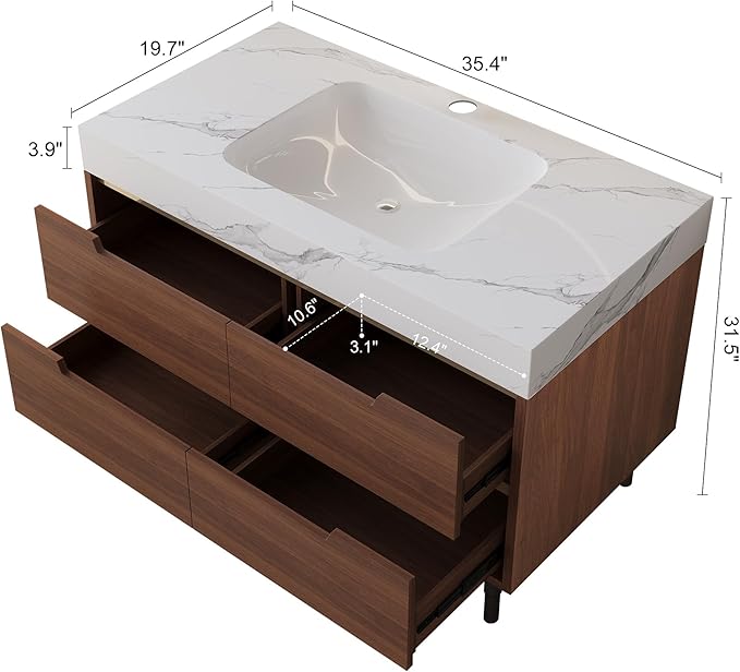 35.4" Freestanding Bathroom Vanity with Sintered Stone Countertop and Ceramic Basin Sink, Modern Bathroom Cabinet with 4 Soft Closing Drawers, Hidden Handle, Powder-Coated Metal Legs, Walnut