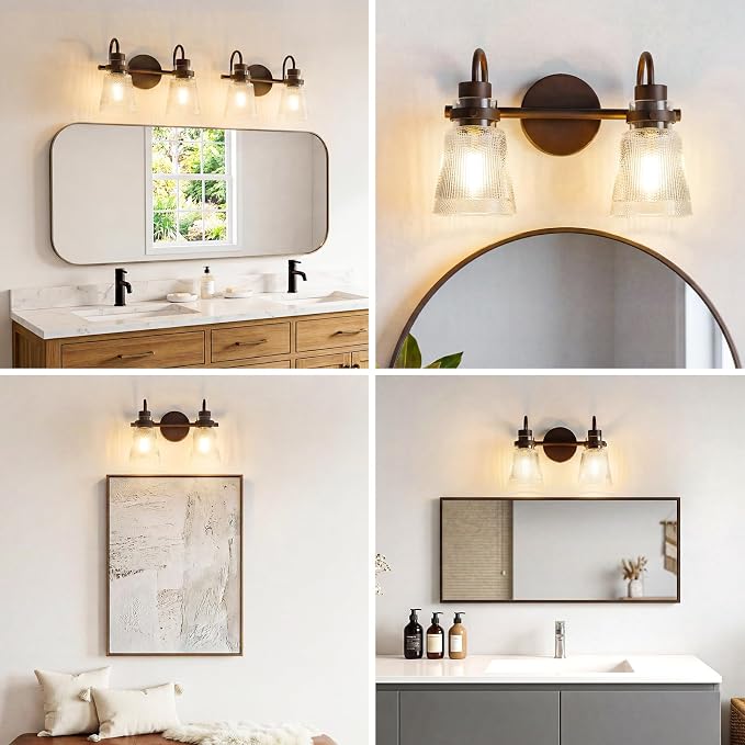 2-Light Bathroom Vanity Light, 13.8 Inch Farmhouse Bathroom Light Fixtures with Clear Striped Glass Shade, Oil Rubbed Bronze Wall Sconce Lighting Over Mirror for Bedroom Hallway Cabinet