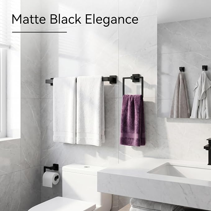 Nevado 10-Piece Wall Mounted Bathroom Hardware Set | Towel Bar, Toilet Paper Holder, Towel Ring& Robe Hook, Matte Black Bathroom Accessories, 23.6‑Inch Towel Bar