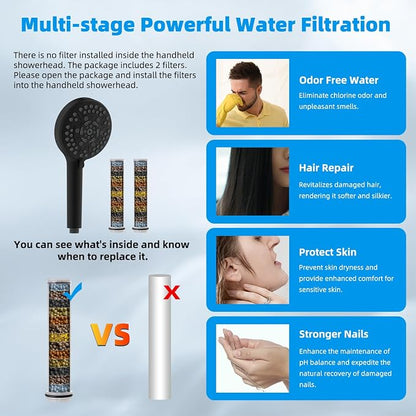 Hibbent 12" Dual Filtered Shower Head Combo, 10-spray Handheld, Black | All Metal High Pressure Rainfall Shower Head Combo with Filter, 16" Extension Arm, 3-way Diverter, 71" Hose & Shower Holder