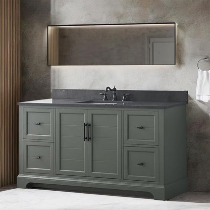Vanity Art 60 Inch Bathroom Vanity with Single Sink, Silver Grey | Solid Wood, Ceramic Sink, Marble Top, Waterproof Backsplash, Pre-assembled, Soft-close Doors, Ample Storage, Freestanding