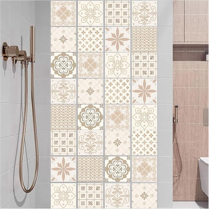 36Pcs 9 Styles Floral Tile Sticker 4 x 4 Inch Bohemian Peel and Stick Tile Square Flower Pattern Beige Waterproof PVC Decals for Kitchen Bathroom Backsplash Furniture Floor DIY Home Decor