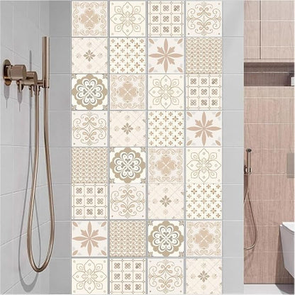 36Pcs 9 Styles Floral Tile Sticker 4 x 4 Inch Bohemian Peel and Stick Tile Square Flower Pattern Beige Waterproof PVC Decals for Kitchen Bathroom Backsplash Furniture Floor DIY Home Decor