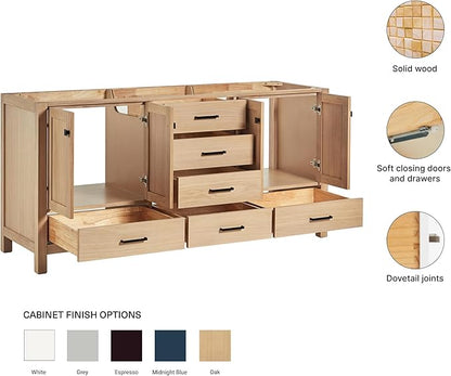 ARIEL Cambridge 72-inch Bathroom Vanity Base Cabinet,Solid Wood, 4 Soft Closing Doors, 6 Dovetail Drawers, White Oak