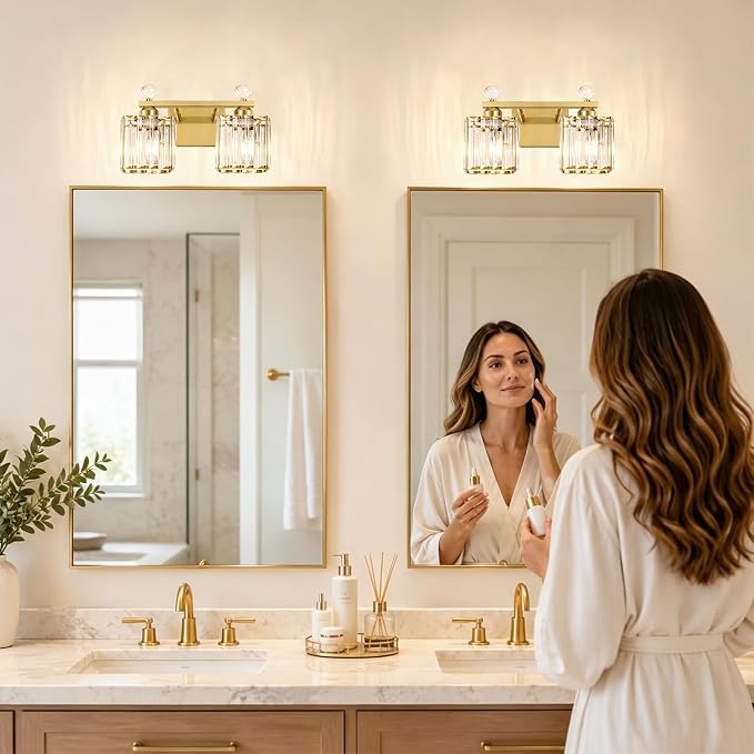 Lxybcce Modern 14In 2-Lights Bathroom Vanity Light, Crystal Bathroom Light Fixtures, Gold Vanity Light Fixtures Over Mirror, Easy Installation & Shadow-Free Illumination for Bathroom Mirror Decor