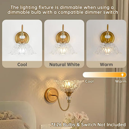 1 Piece Vintage Wall Sconce with Floral Clear Glass Shade, Matte Brass Finish Wall Mount Lighting for Bathroom,Vintage Bathroom Vanity Light Fixtures