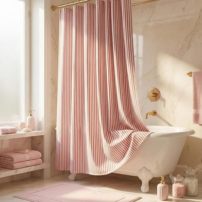 Stripe Cotton Toile Shower Curtain Ticking Stripe Woven Print Curtain Bathroom Decor for Traditional and Contemporary Style Kitchen Bath Home (Red and White,72 x 72 Inches)