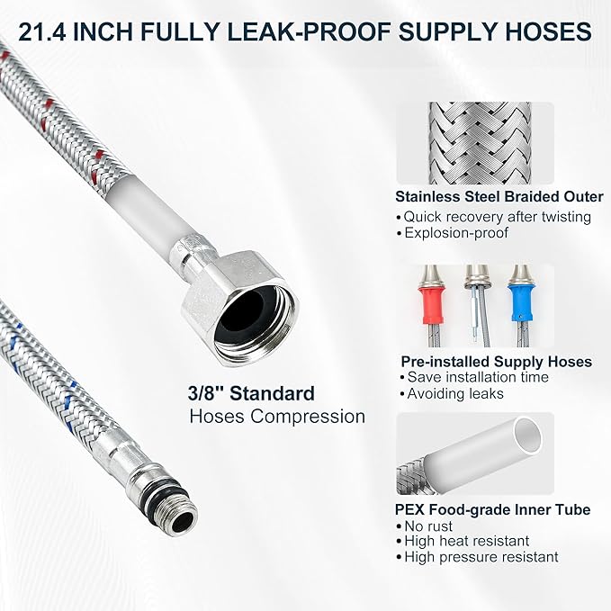 8 Inch Brushed Nickel Bathroom Faucet Widespread, Brass Waterfall Faucet for Bathroom Sink 3 Hole 2 Handle with Pop up Drain & Pre-Installed cUPC Supply Pipe for Restroom, 10 Mins Install