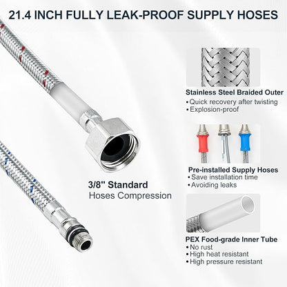 8 Inch Brushed Nickel Bathroom Faucet Widespread, Brass Waterfall Faucet for Bathroom Sink 3 Hole 2 Handle with Pop up Drain & Pre-Installed cUPC Supply Pipe for Restroom, 10 Mins Install