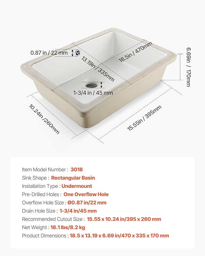 VEVOR Undermount Bathroom Sink, 18.5 x 13.19 Inch Rectangular White Ceramic Vessel Sink with Overflow Hole, Under Counter Drop in Modern Lavatory Vanity Bath Wash Bowl Basin, Rectangle Small Space